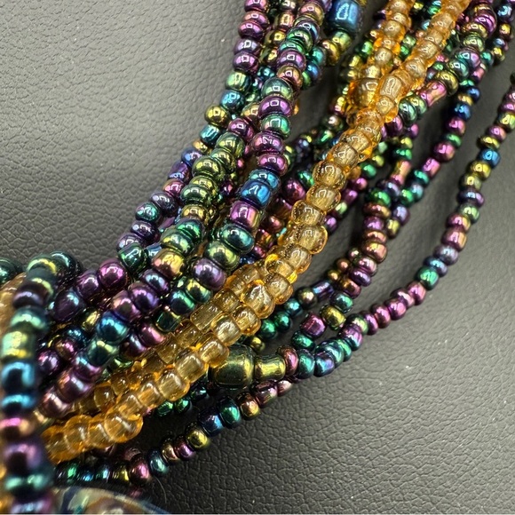 Multicolor Iridescent Seed Beaded Necklace with Large Abalone Shell Pendant - Picture 15 of 17